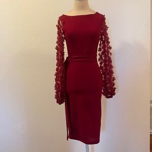 Elegant Burgundy Dress with Floral Sleeves
